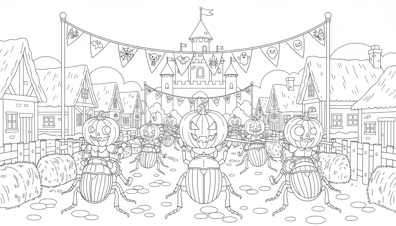 medieval village pumpkin helm joust with knight mice coloring page to print