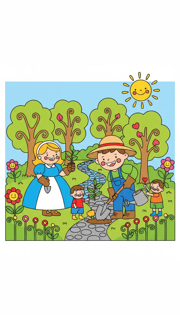 family planting trees in lush garden coloring page to print