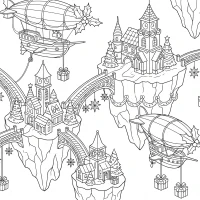Christmas sky harbor with flying islands and airships