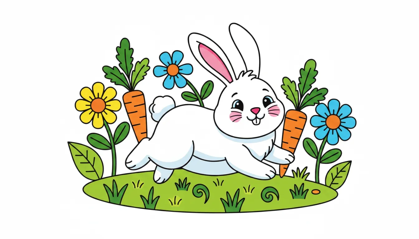 A cute bunny hopping through a garden of carrots and flowers. coloring page to print