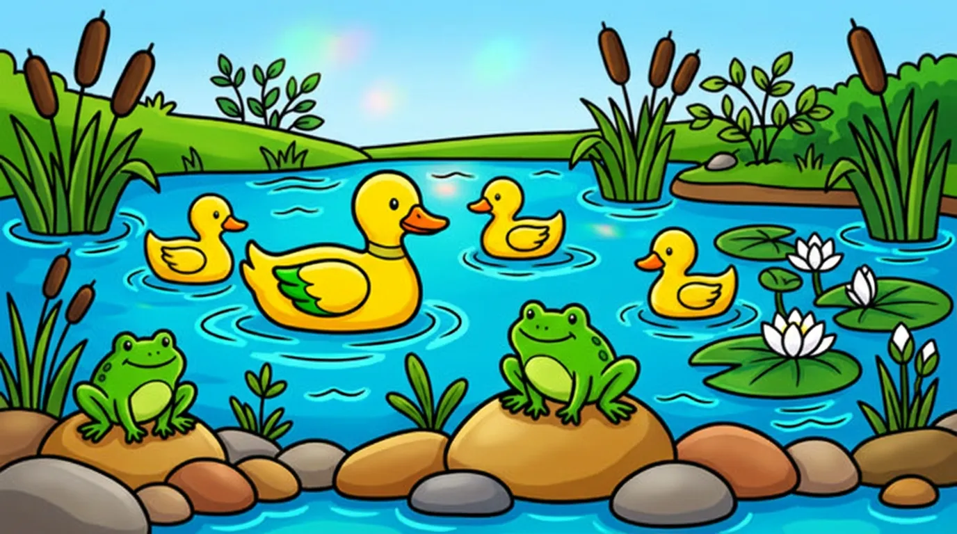 A peaceful pond with ducks swimming, lily pads, and frogs sitting on rocks. coloring page to print