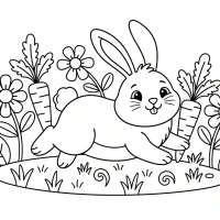 A cute bunny hopping through a garden of carrots and flowers.