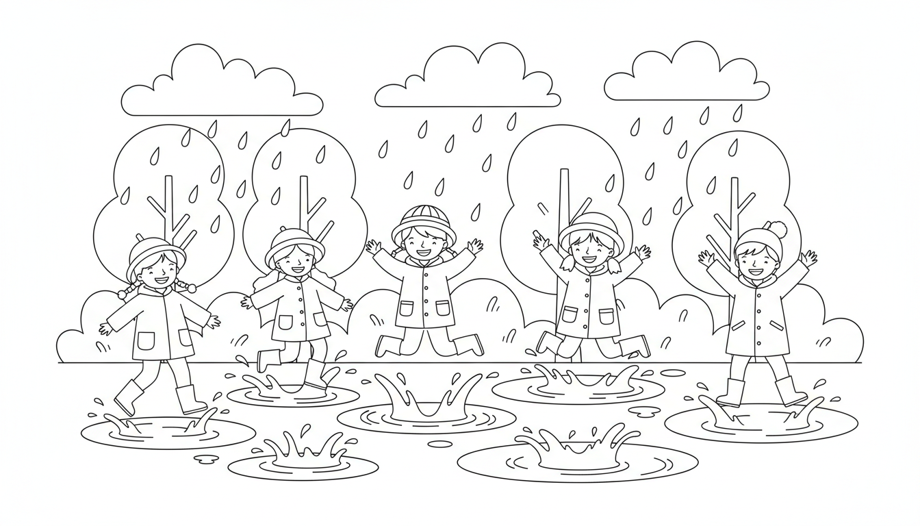 Children jumping in puddles on a rainy day coloring page to print