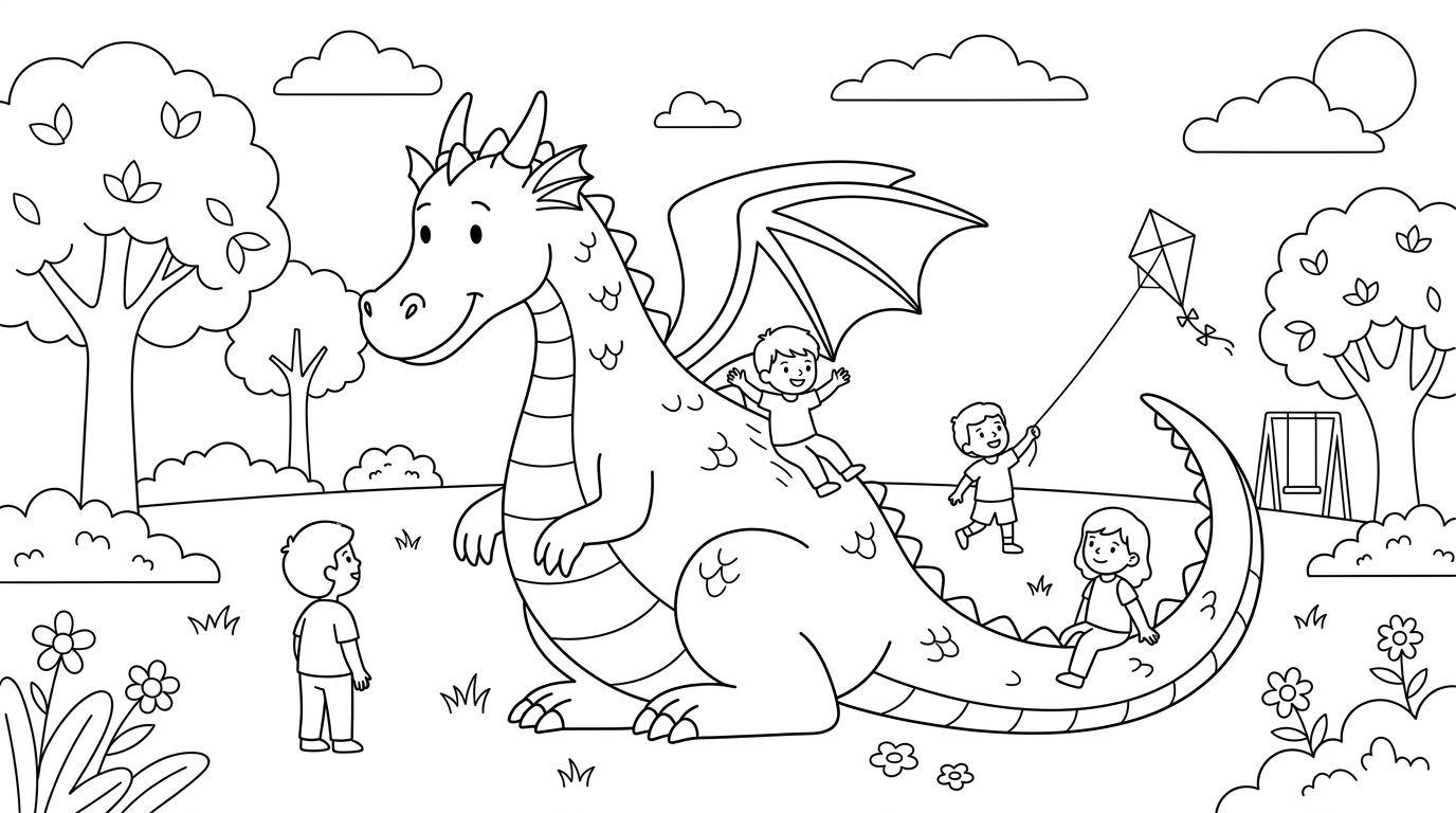 friendly dragon playing with children in the park coloring page to print