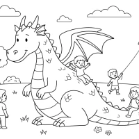friendly dragon playing with children in the park