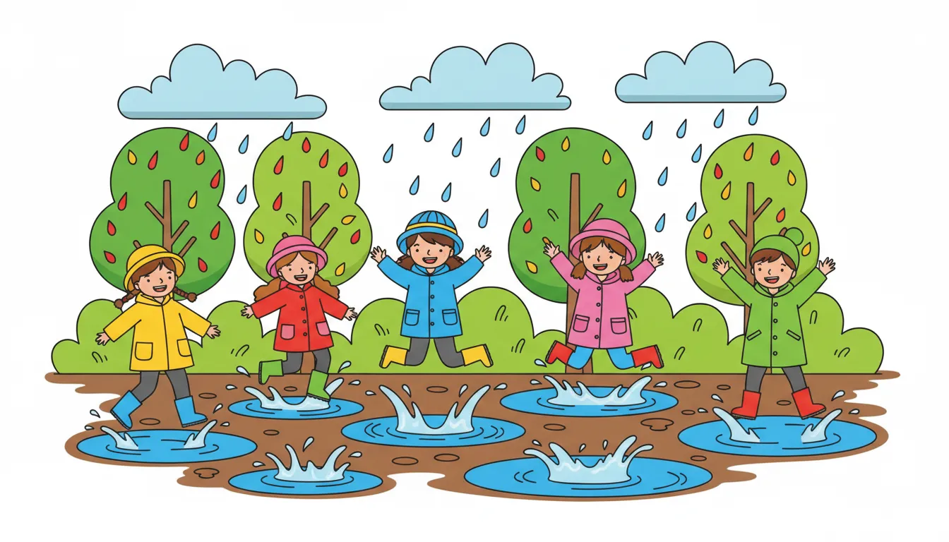 Children jumping in puddles on a rainy day coloring page to print