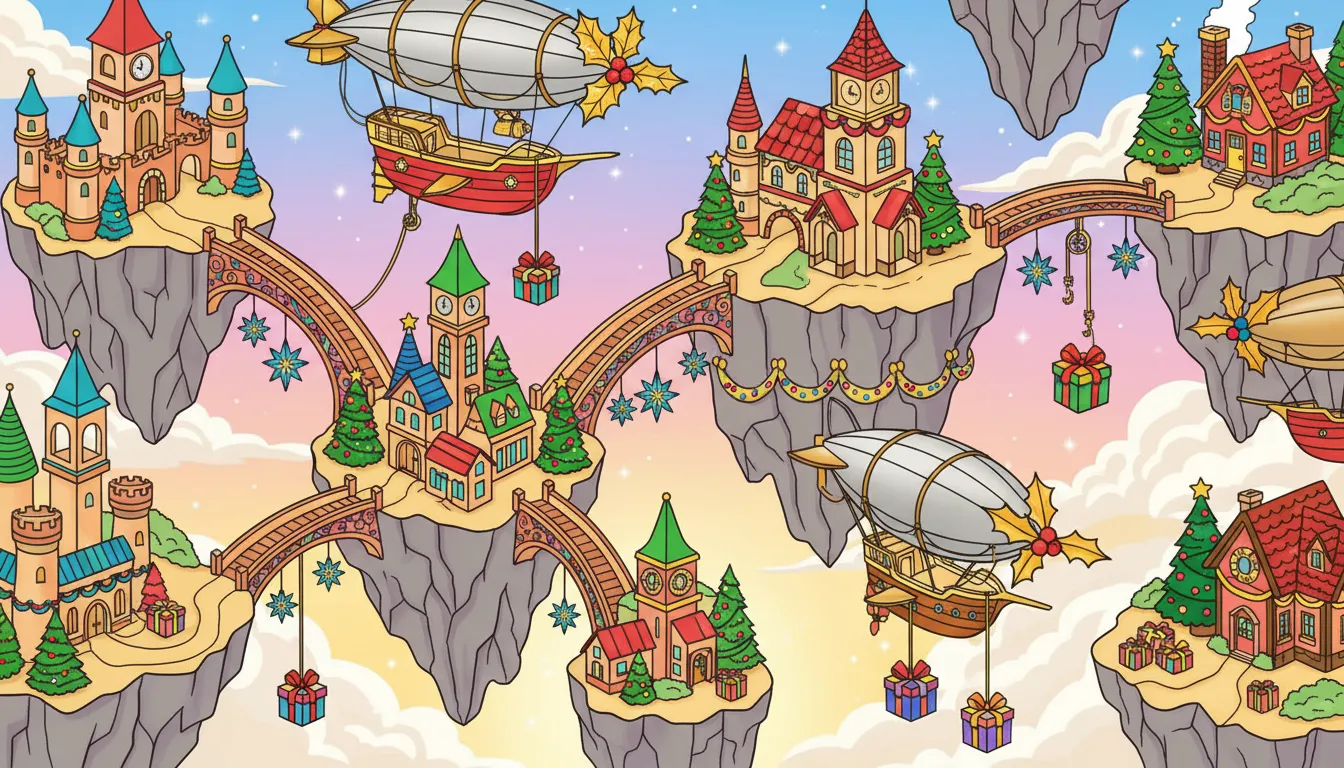 Christmas sky harbor with flying islands and airships coloring page to print
