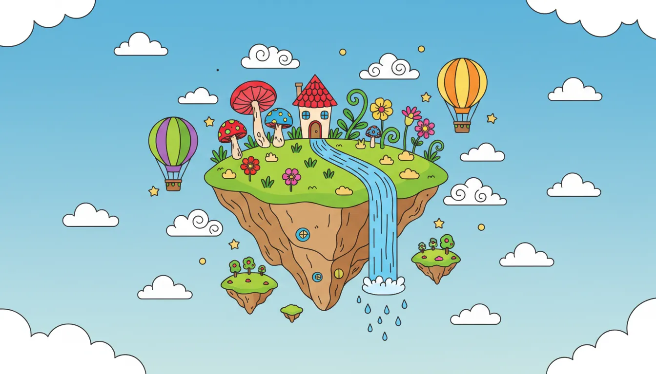 whimsical floating island garden scene coloring page to print