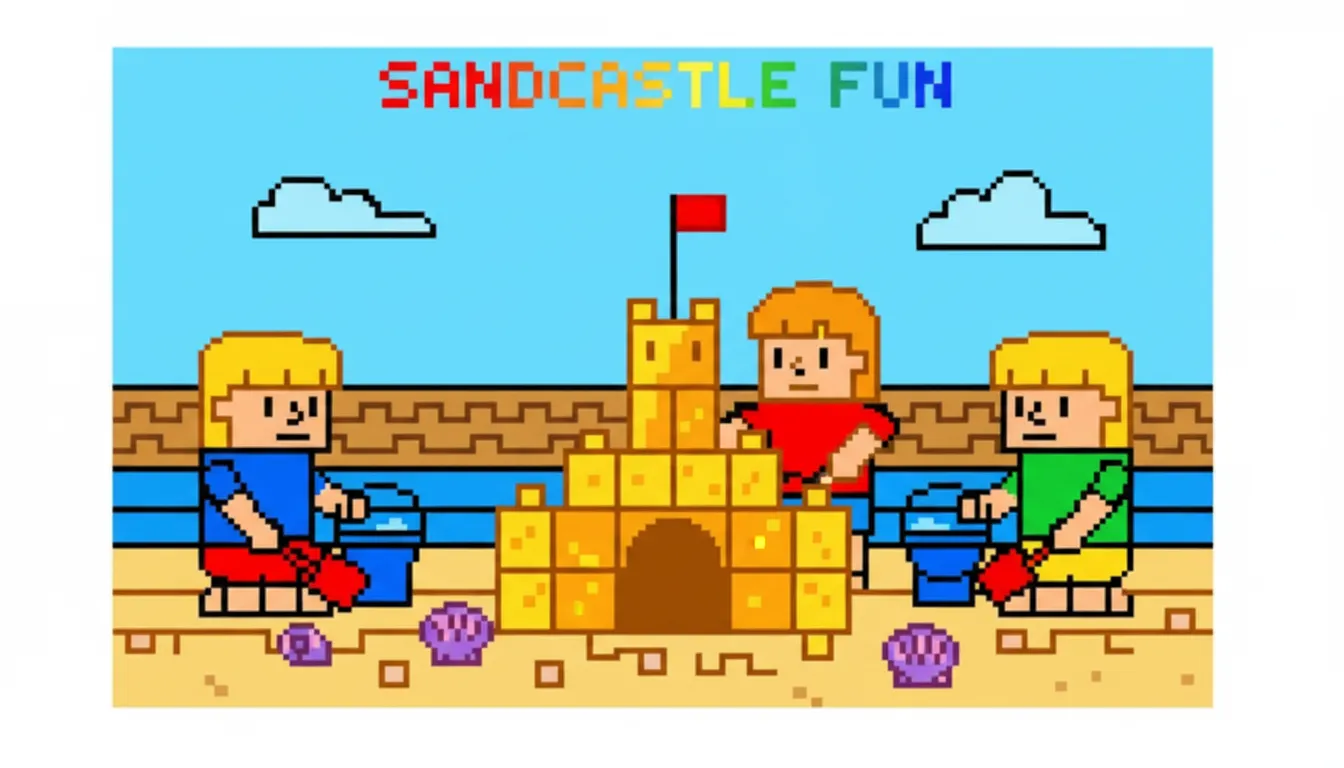 children building sandcastle on the beach coloring page to print