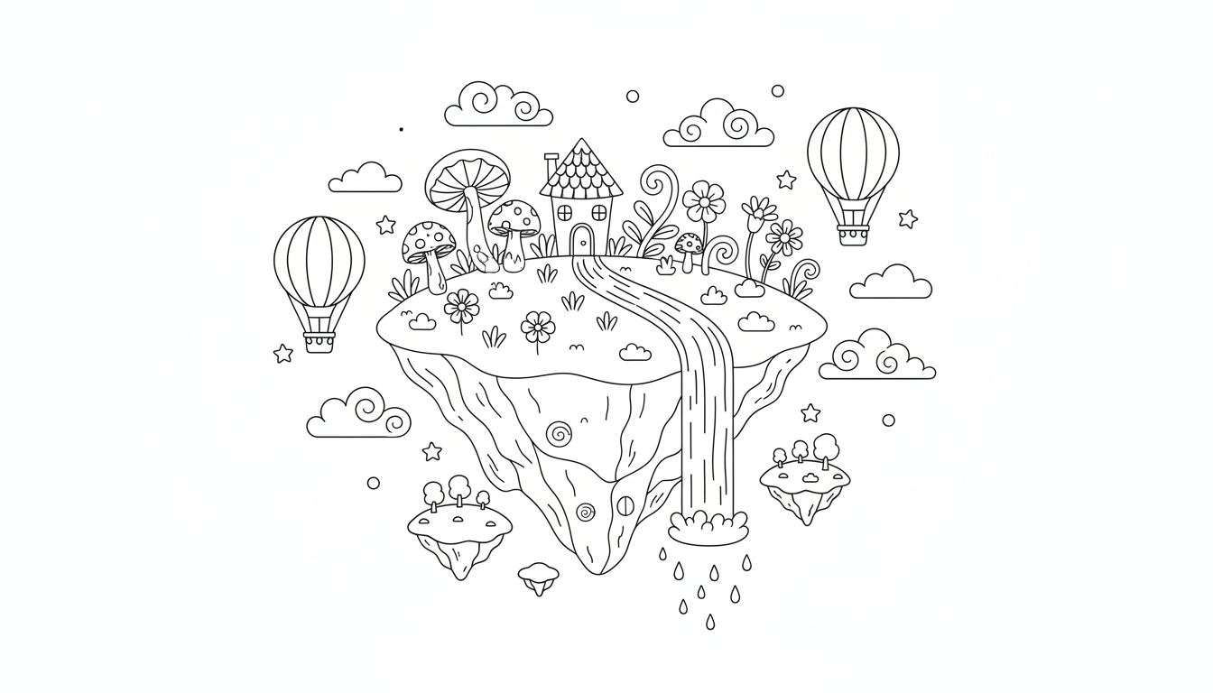 whimsical floating island garden scene coloring page to print