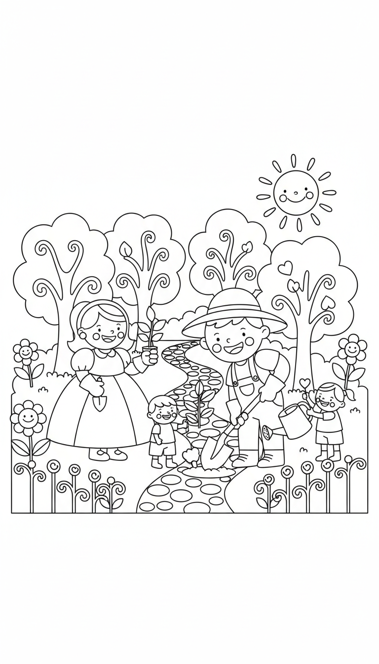 family planting trees in lush garden coloring page to print