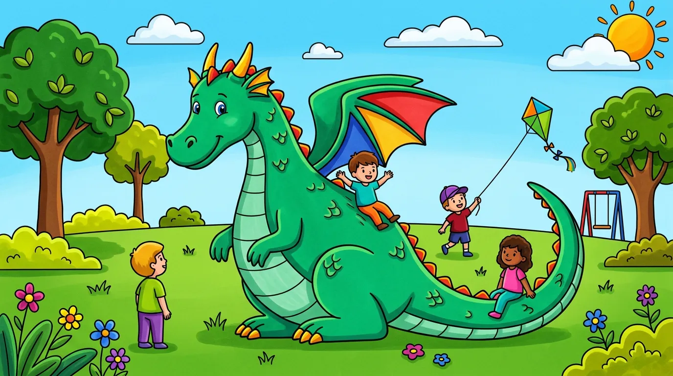 friendly dragon playing with children in the park coloring page to print