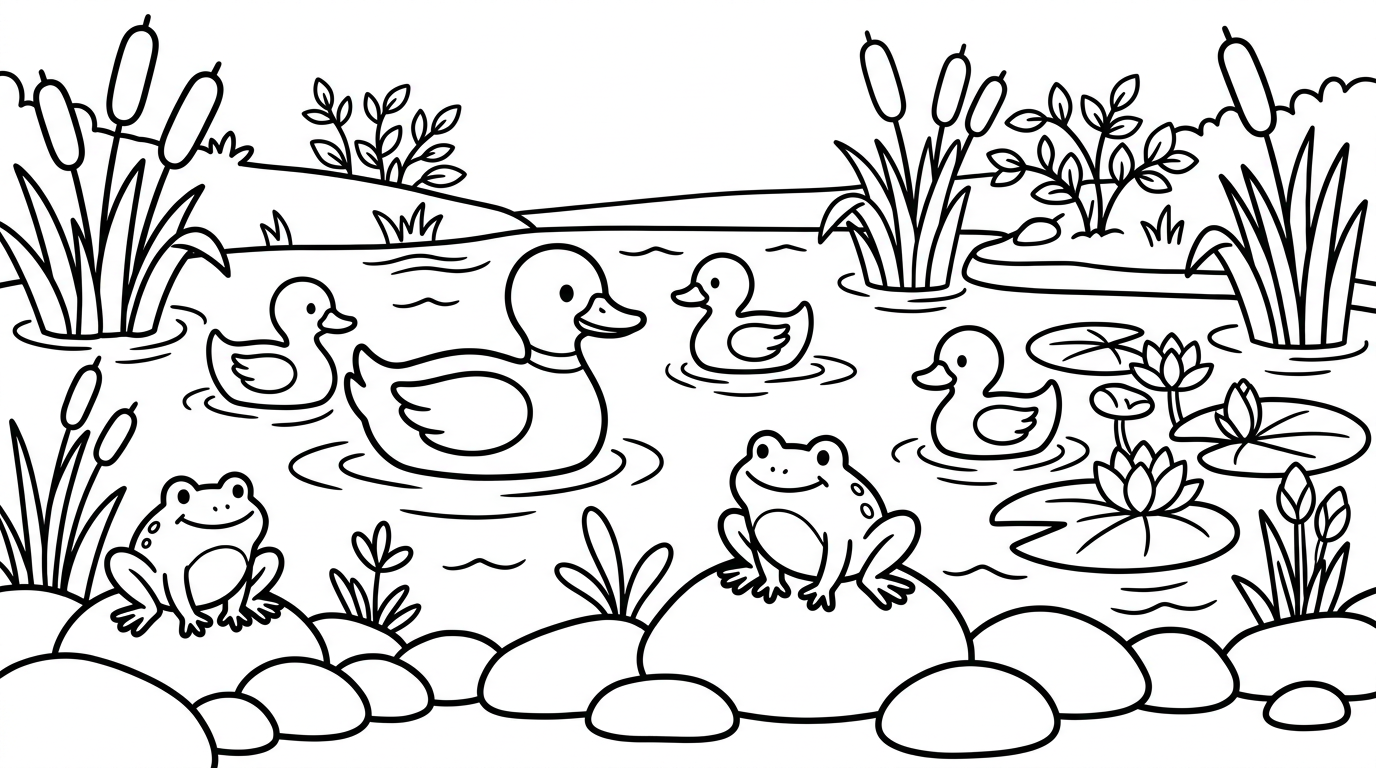 A peaceful pond with ducks swimming, lily pads, and frogs sitting on rocks. coloring page to print