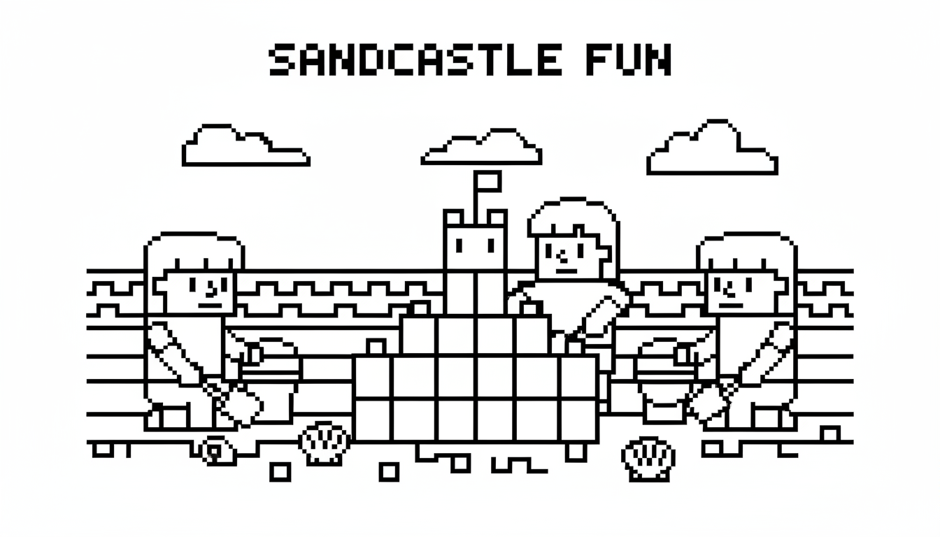 children building sandcastle on the beach coloring page to print