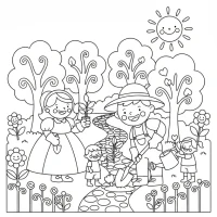 family planting trees in lush garden