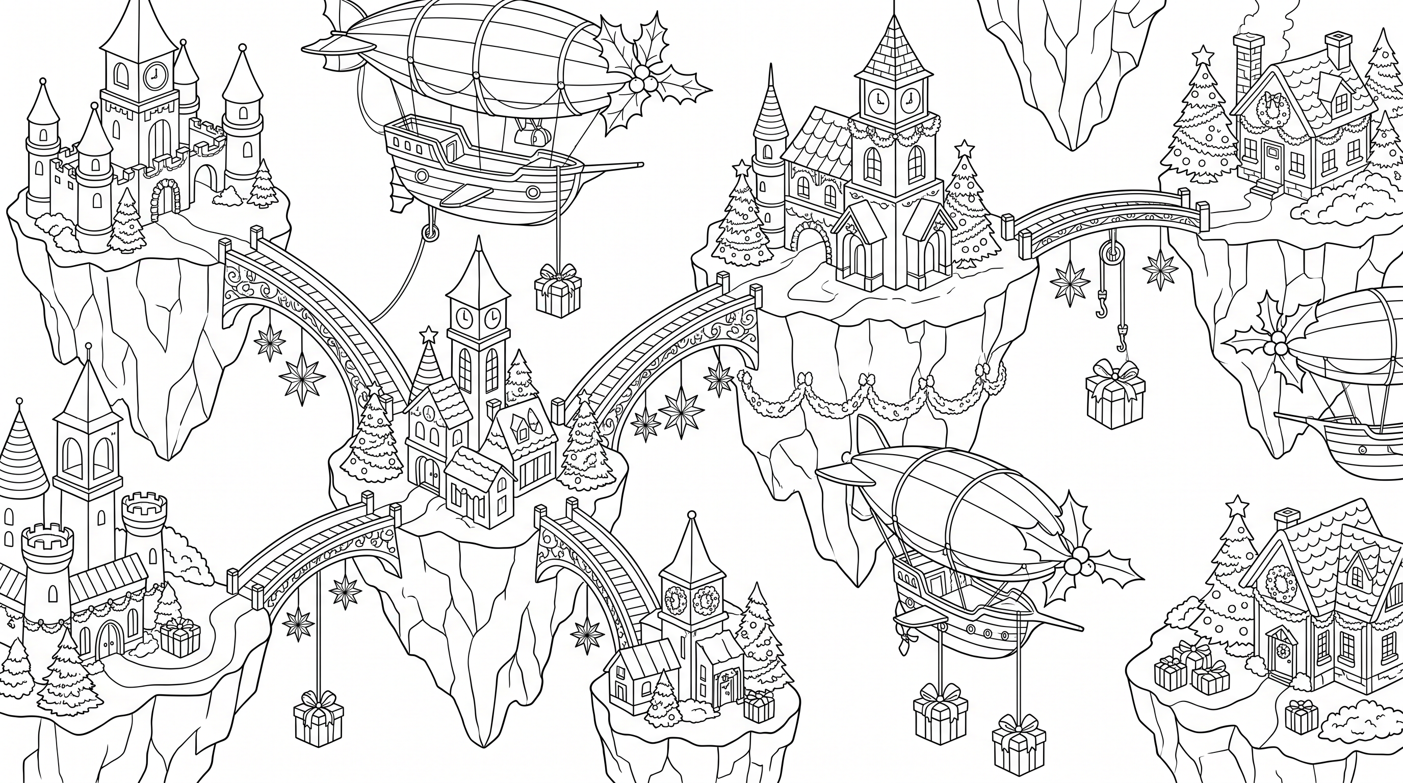 Christmas sky harbor with flying islands and airships coloring page to print