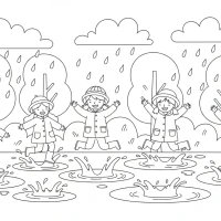 Children jumping in puddles on a rainy day