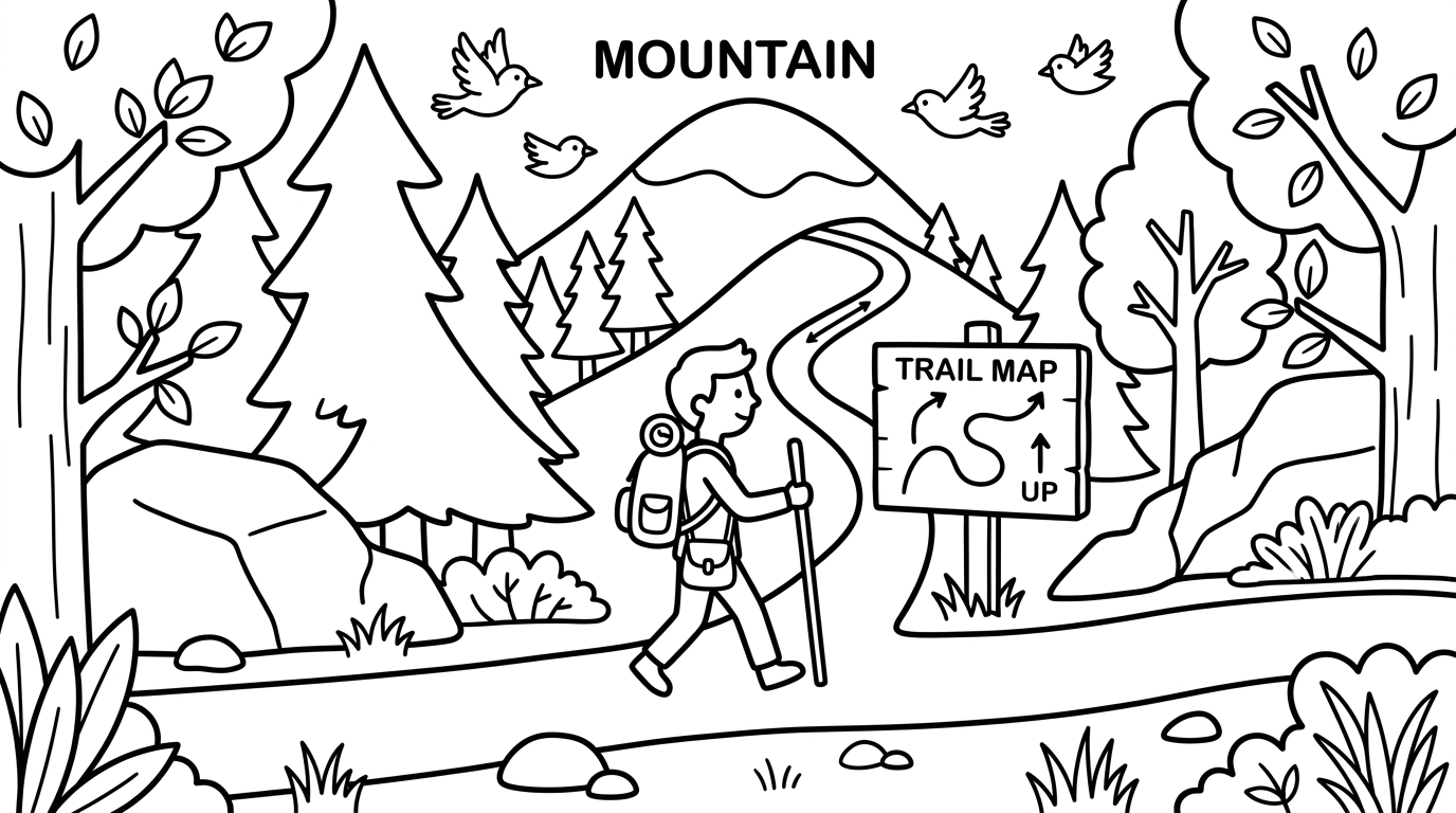 A mountain trail with a hiker and a trail map, surrounded by trees and birds. coloring page to print