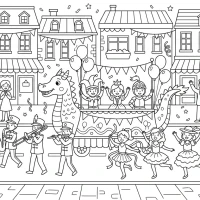 A lively street parade with dancers, floats, and musicians in costumes.