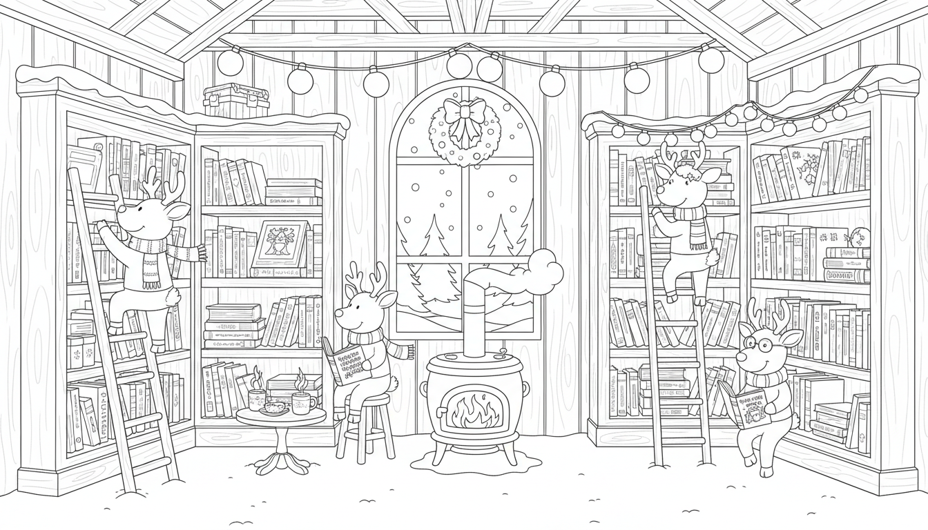 (Christmas theme) A cozy reindeer library inside a snow-dusted barn, where reindeer in scarves shelve storybooks beside a crackling stove and steaming mugs. coloring page to print