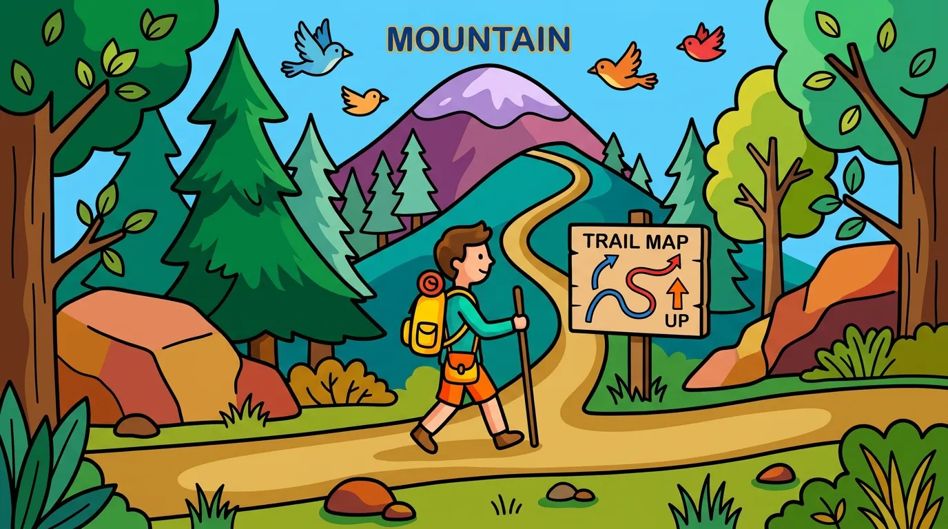 A mountain trail with a hiker and a trail map, surrounded by trees and birds. coloring page to print