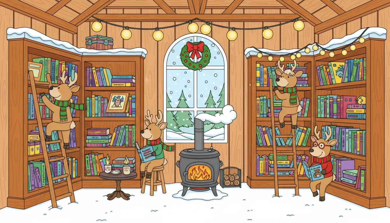 (Christmas theme) A cozy reindeer library inside a snow-dusted barn, where reindeer in scarves shelve storybooks beside a crackling stove and steaming mugs. coloring page to print