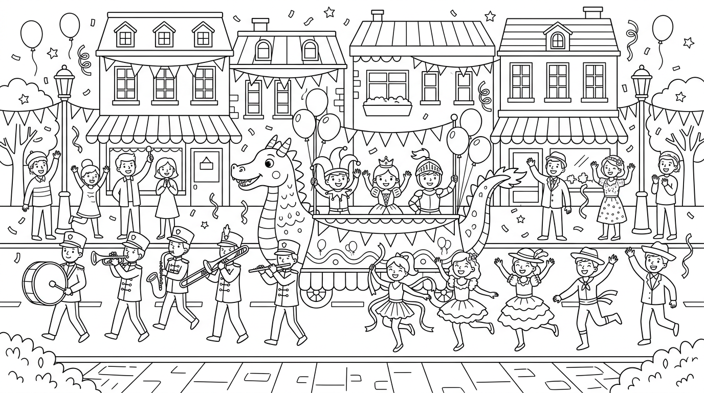 A lively street parade with dancers, floats, and musicians in costumes. coloring page to print