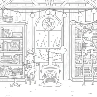 (Christmas theme) A cozy reindeer library inside a snow-dusted barn, where reindeer in scarves shelve storybooks beside a crackling stove and steaming mugs.