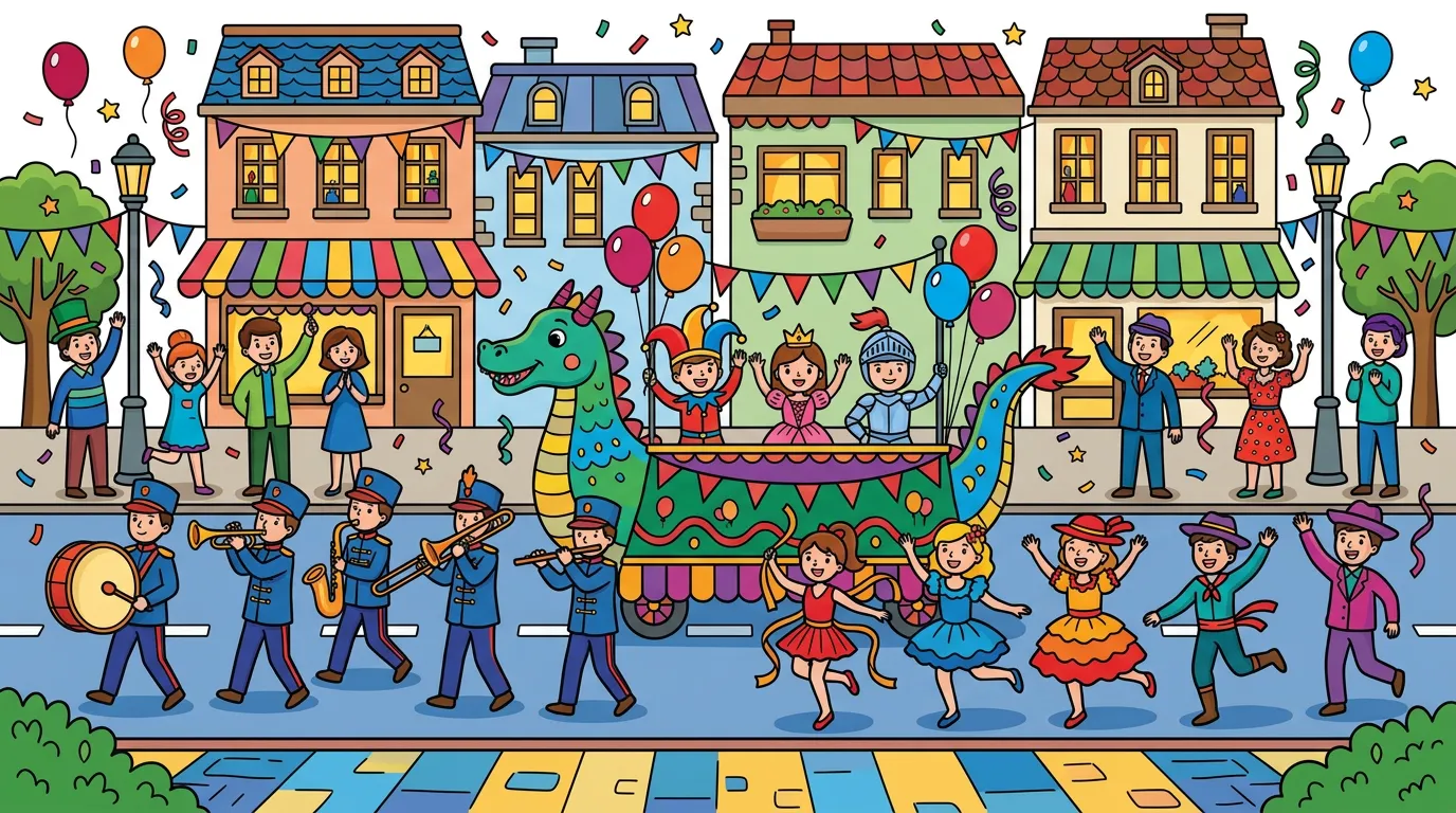 A lively street parade with dancers, floats, and musicians in costumes. coloring page to print