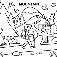 A mountain trail with a hiker and a trail map, surrounded by trees and birds.