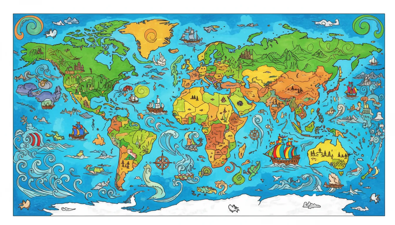Detailed world map with continents and oceans coloring page to print