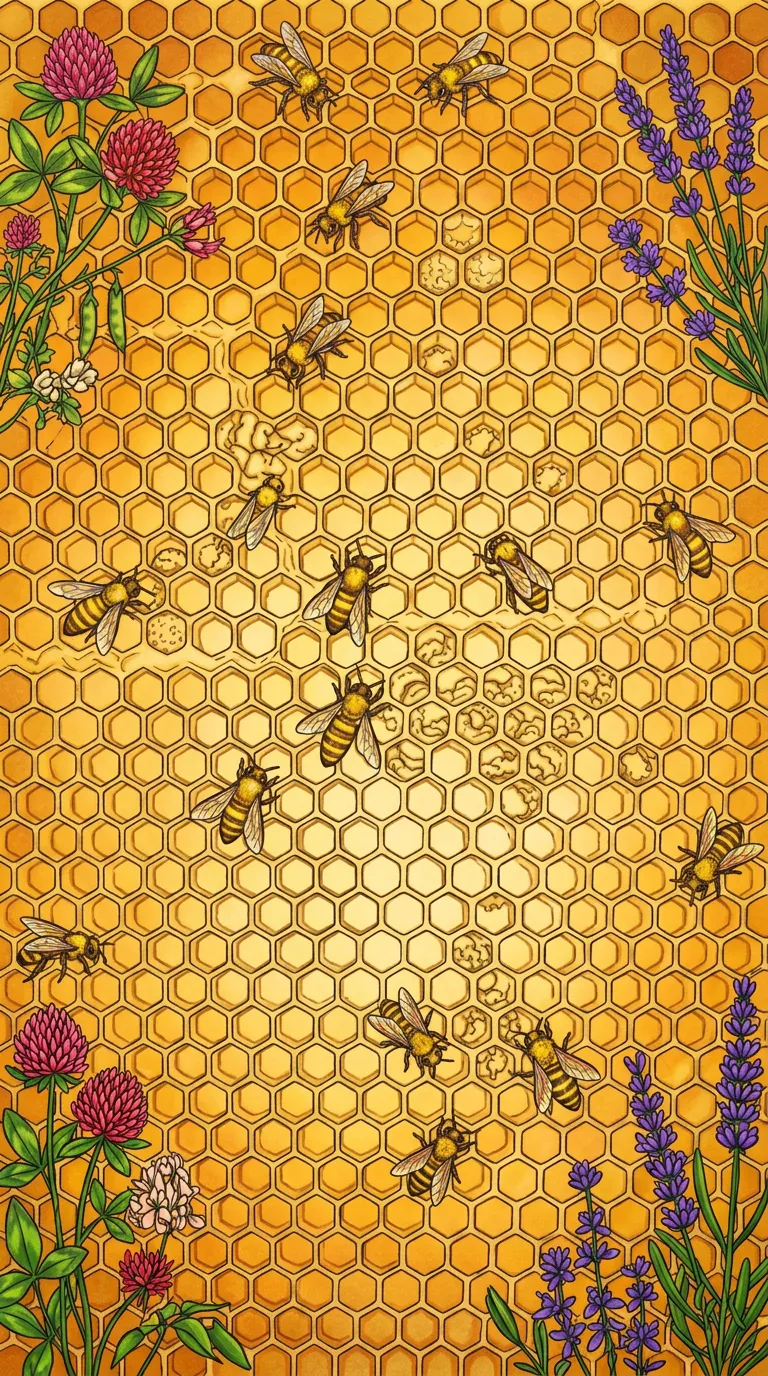 Honeycomb and tiny bees scene coloring page to print