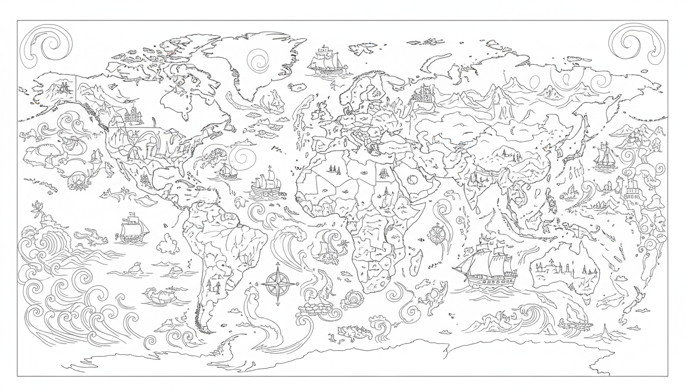 Detailed world map with continents and oceans coloring page to print