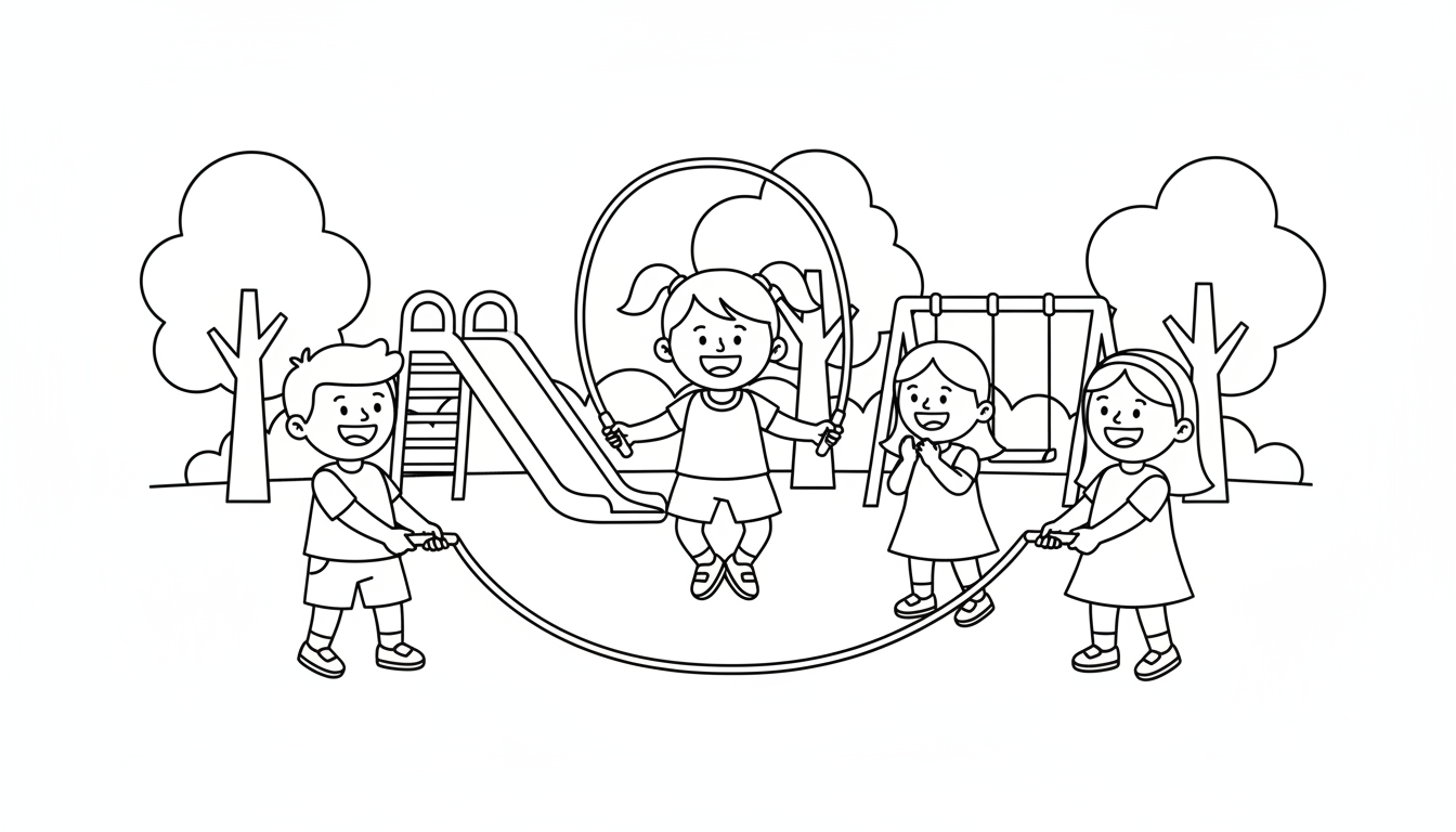 Children playing with jump rope in park coloring page to print