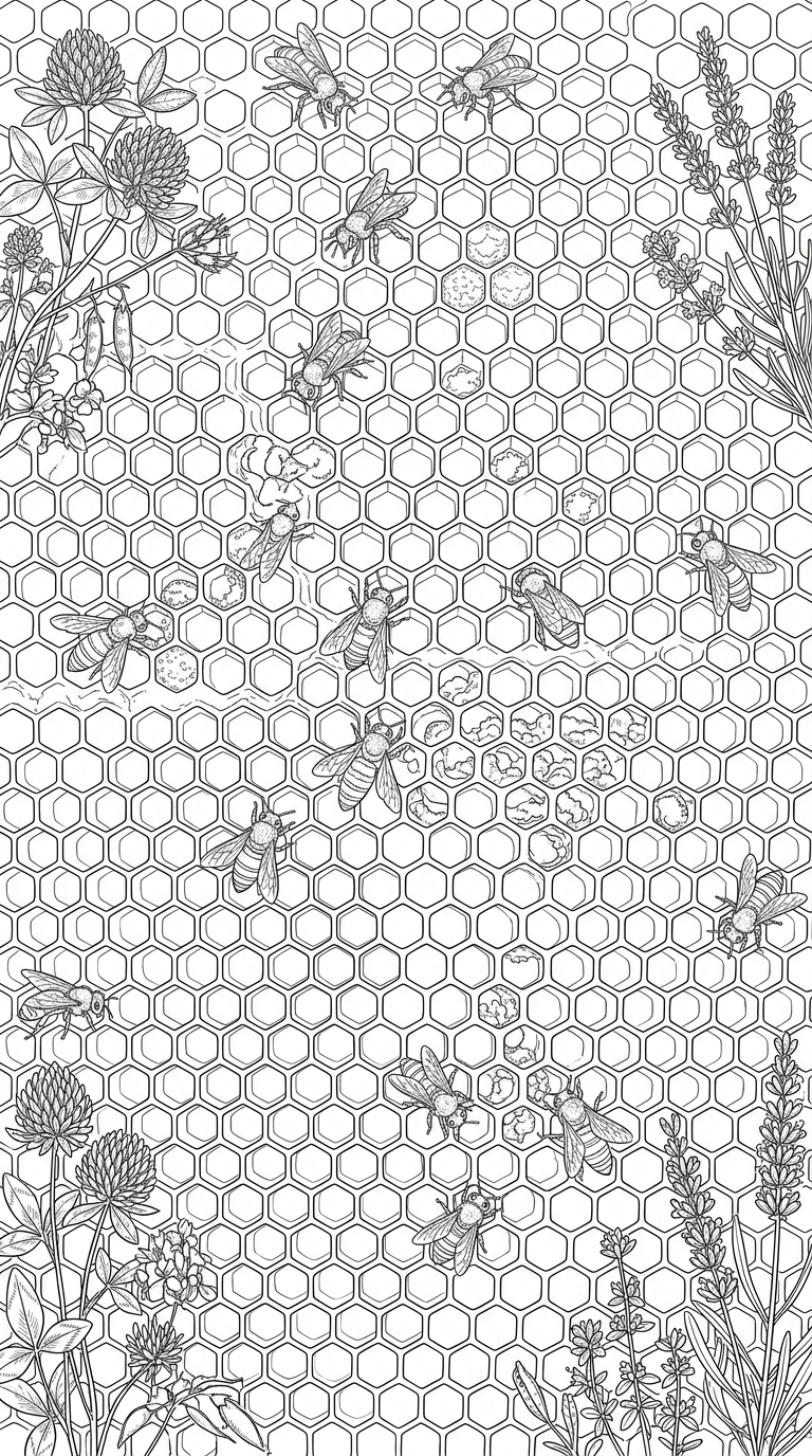 Honeycomb and tiny bees scene coloring page to print