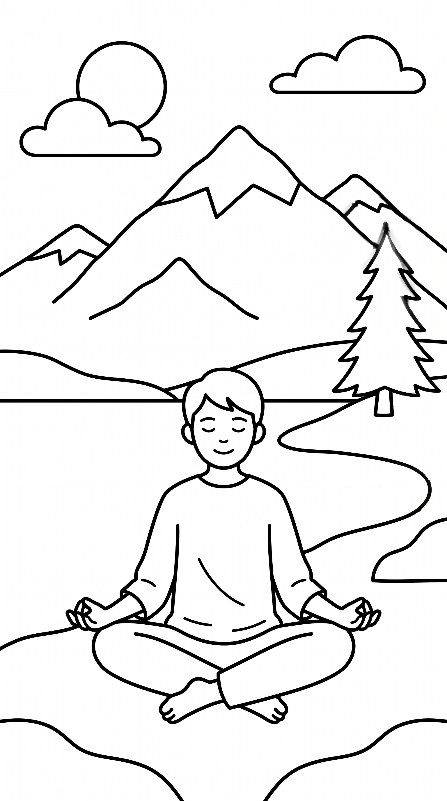 Meditating person beside mountain lake coloring page to print