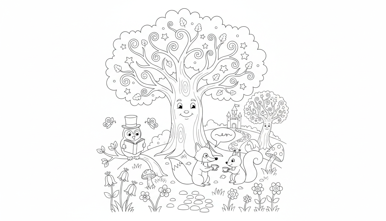 Whimsical forest with talking animals and enchanted trees coloring page to print