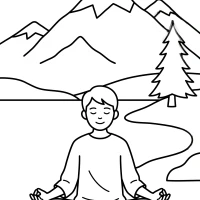 Meditating person beside mountain lake