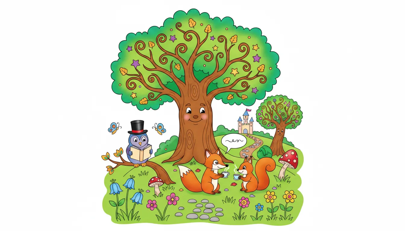 Whimsical forest with talking animals and enchanted trees coloring page to print