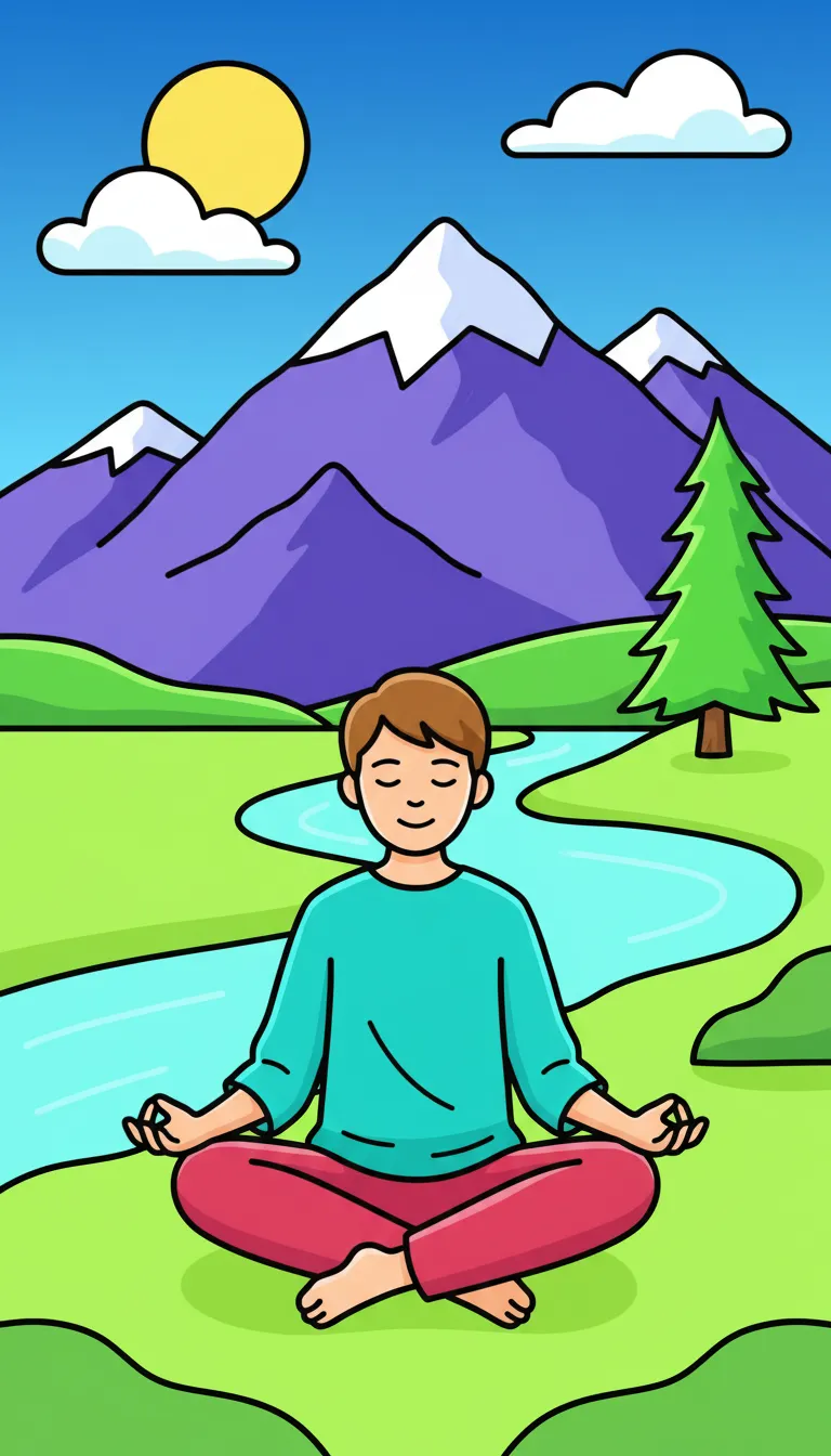 Meditating person beside mountain lake coloring page to print