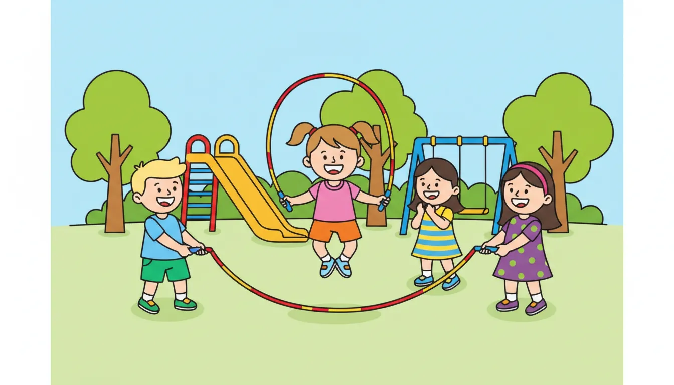 Children playing with jump rope in park coloring page to print