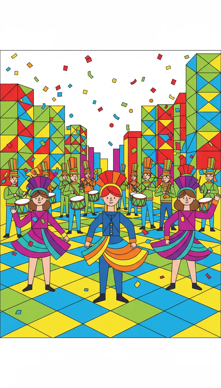 busy street parade with bands and dancers coloring page to print
