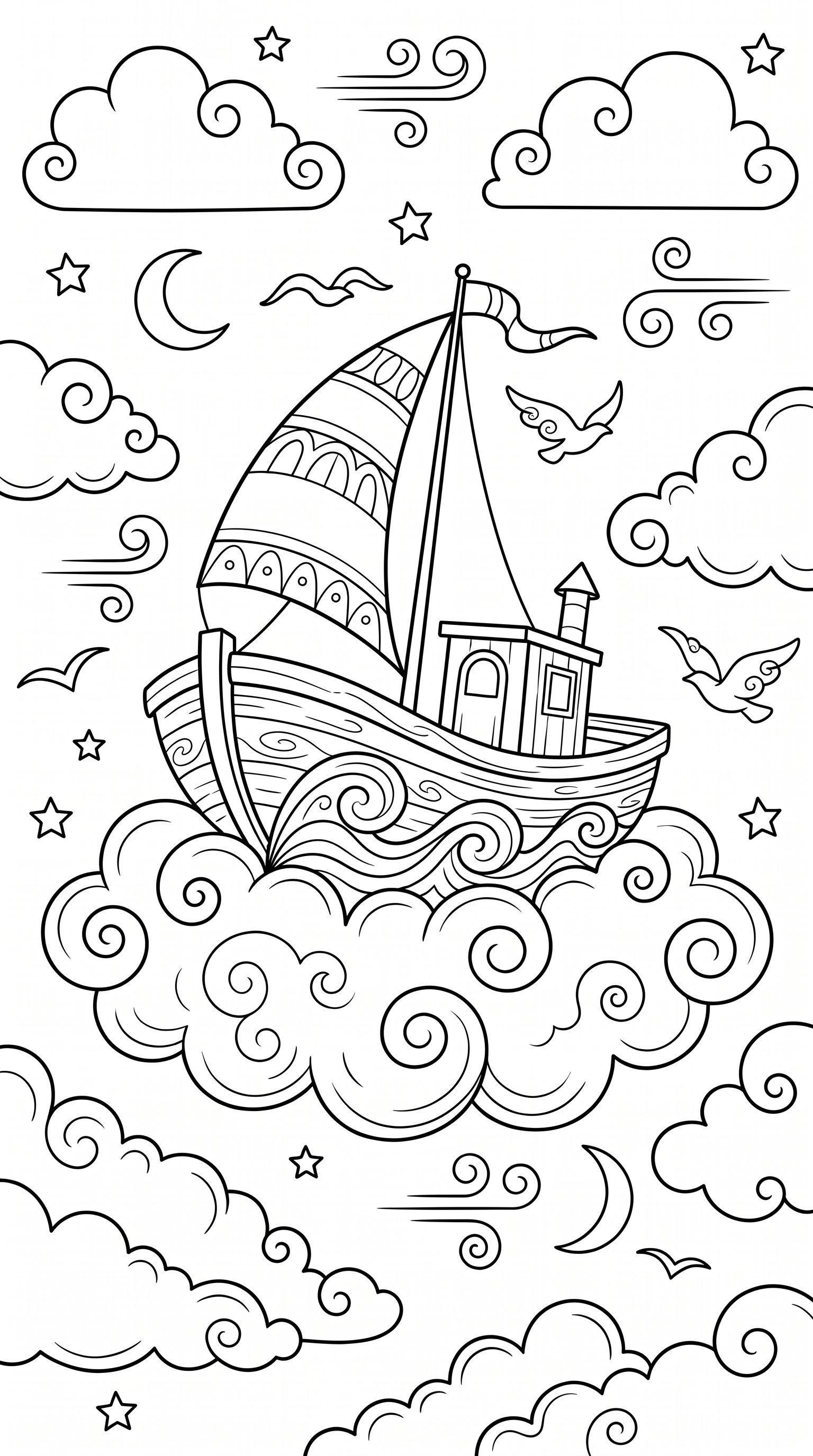 Whimsical boat on a cloud in fantasy sky coloring page to print