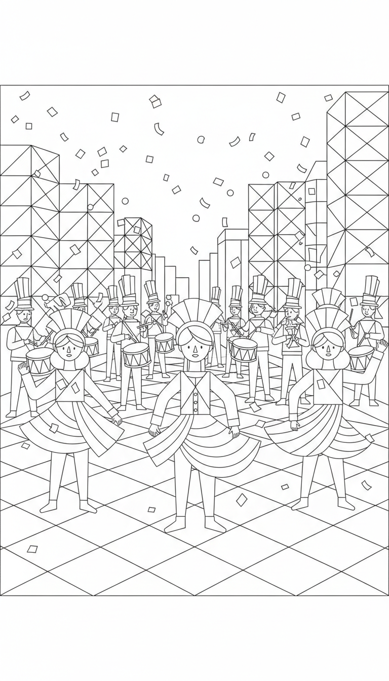 busy street parade with bands and dancers coloring page to print