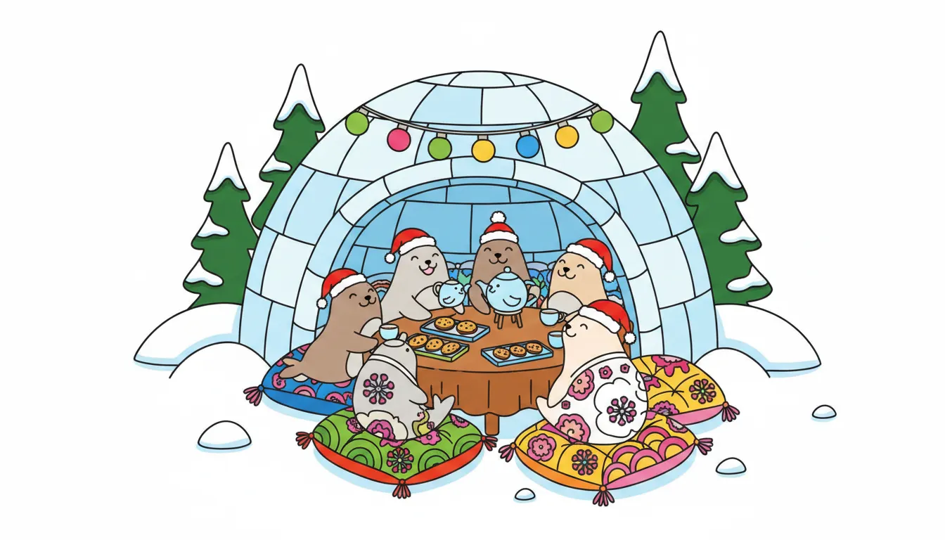 cozy christmas igloo tea party with seals coloring page to print