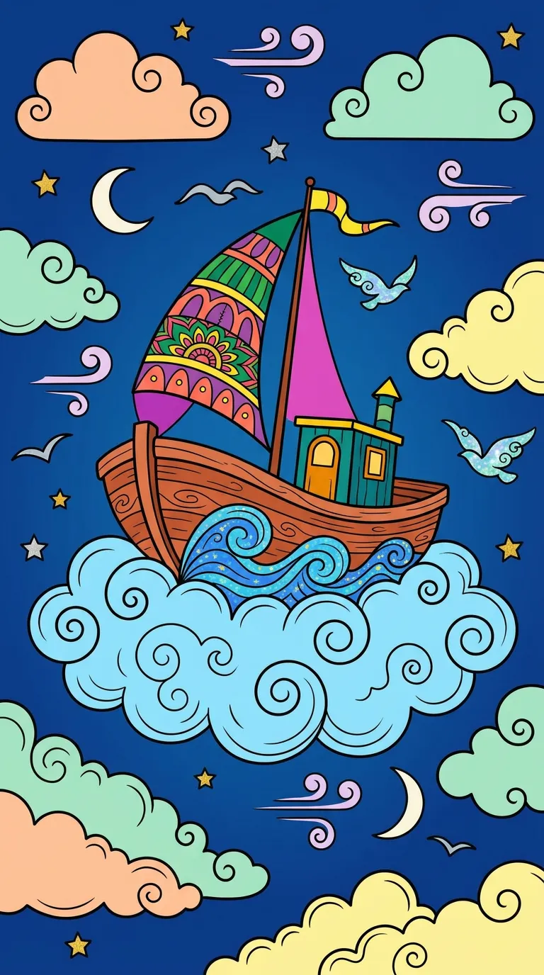 Whimsical boat on a cloud in fantasy sky coloring page to print