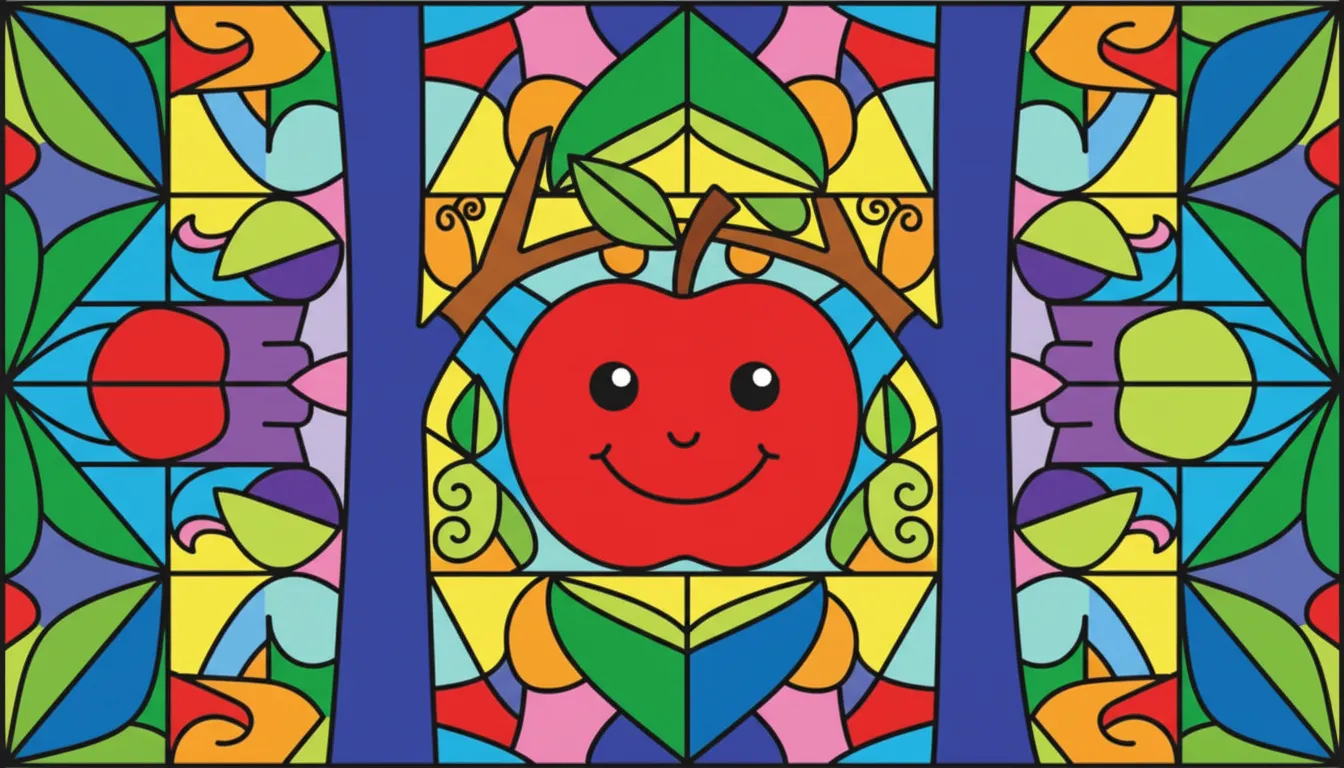 Smiling apple hanging on a tree coloring page to print