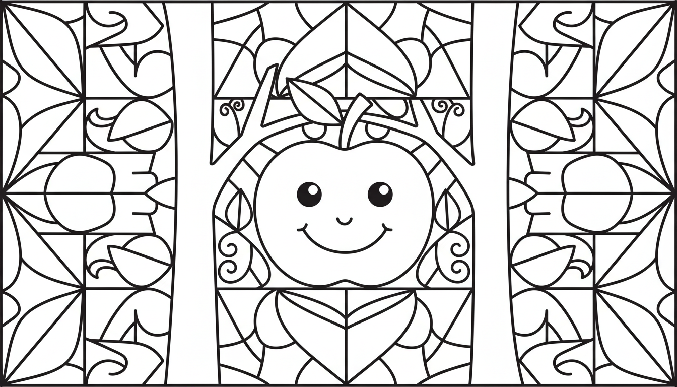 Smiling apple hanging on a tree coloring page to print