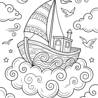 Whimsical boat on a cloud in fantasy sky
