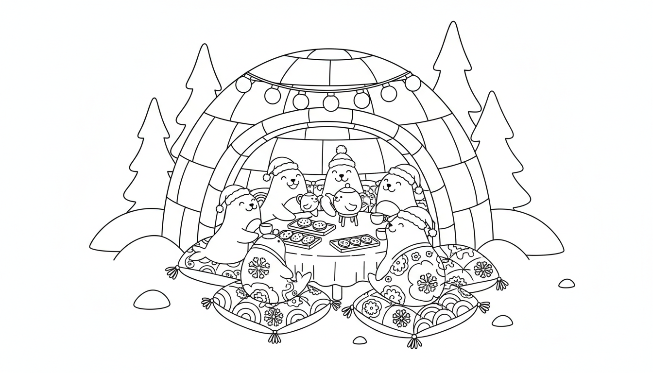 cozy christmas igloo tea party with seals coloring page to print